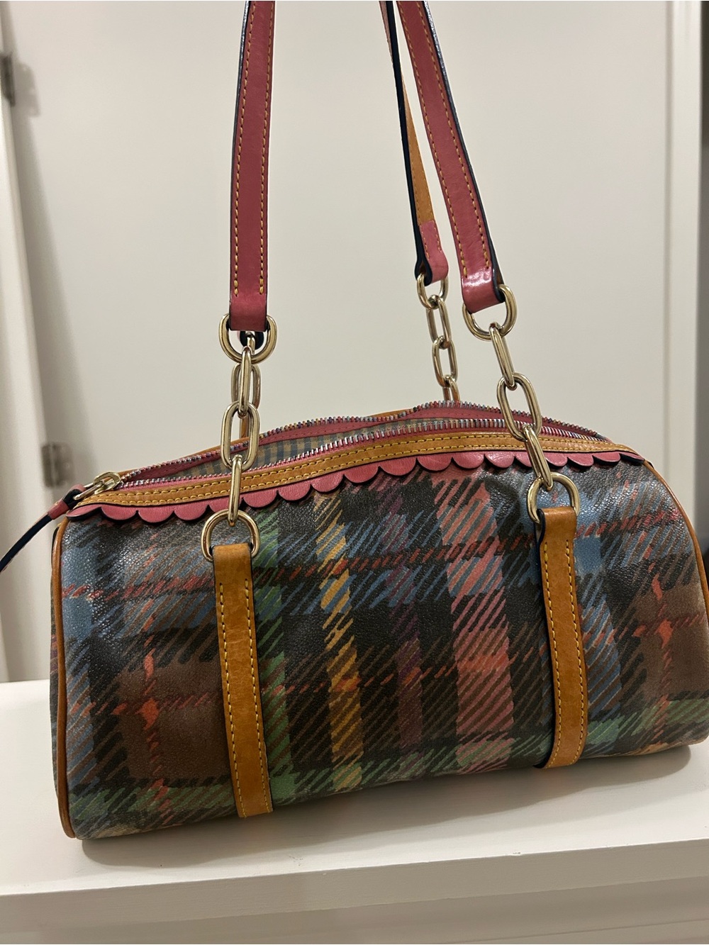 Dooney & Bourke Multicolor Plaid Leather Satchel with Pink Heart Charm #Vintage - Picture 3 of 5